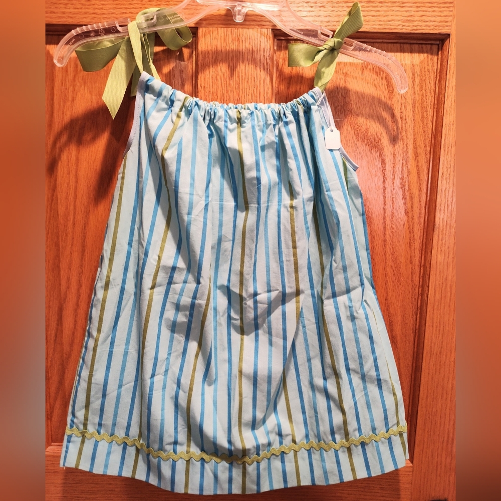 Handmade Toddler Pillowcase Dress, Striped Blue and Green with Ribbon Straps